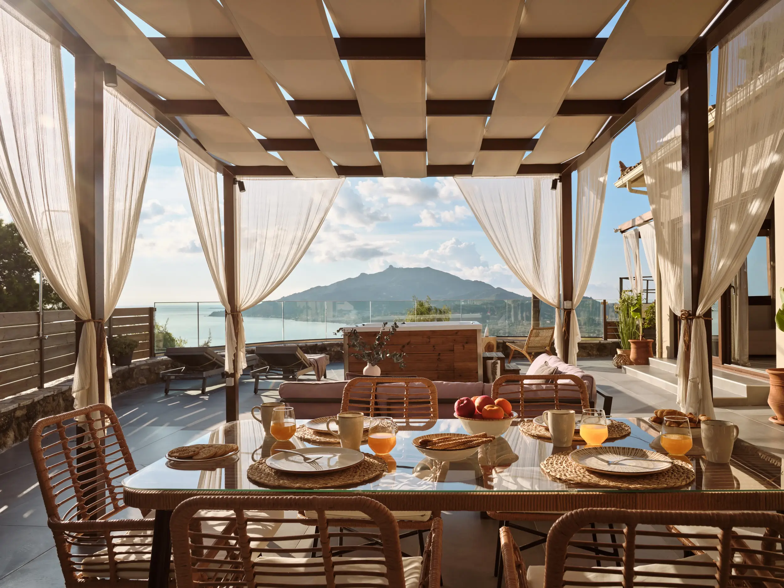 Outdoor dining patio overlooking the harbor at sunset